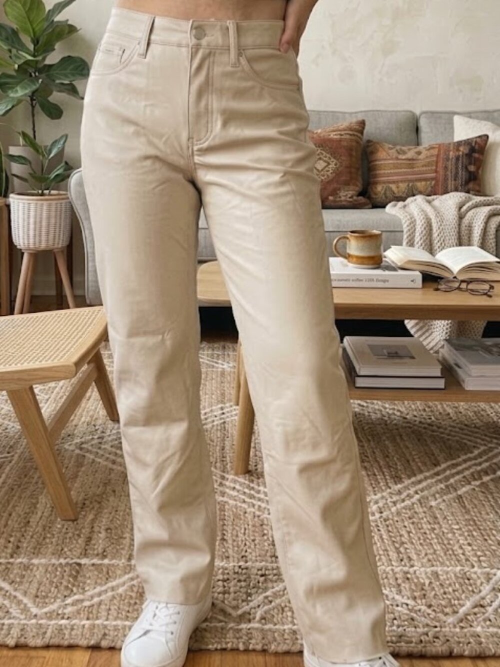 Beige Faux Leather Clean Cut Raw Hem Modern Straight Super High Rise Pants Size